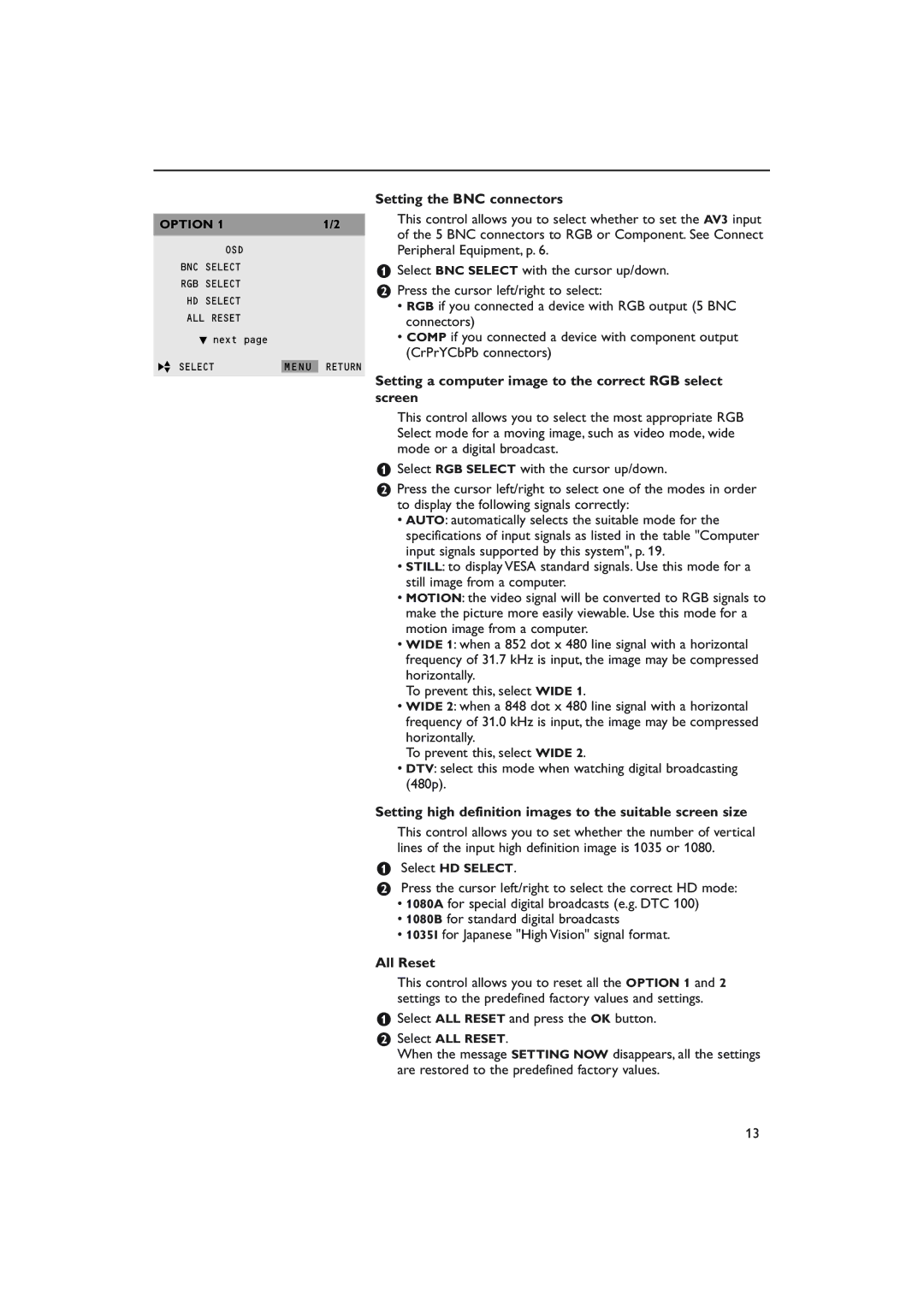 Philips 50FD9955 warranty Setting the BNC connectors, Setting a computer image to the correct RGB select screen, All Reset 