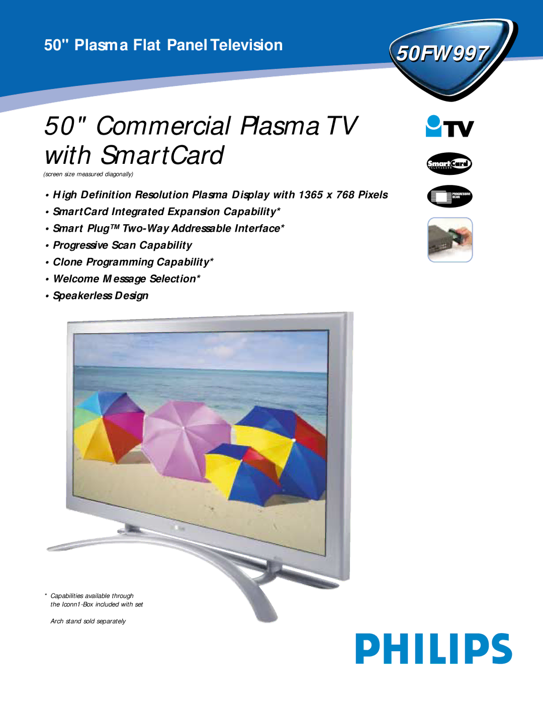 Philips 50FW997 manual Commercial Plasma TV with SmartCard 