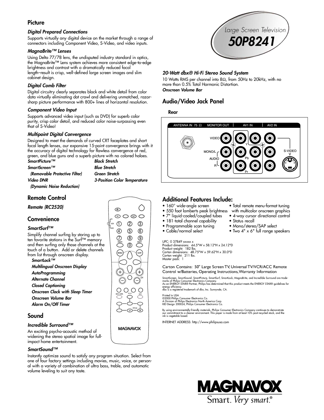 Philips 50P8241 manual Picture, Audio/Video Jack Panel, Remote Control, Convenience, Sound, Additional Features Include 