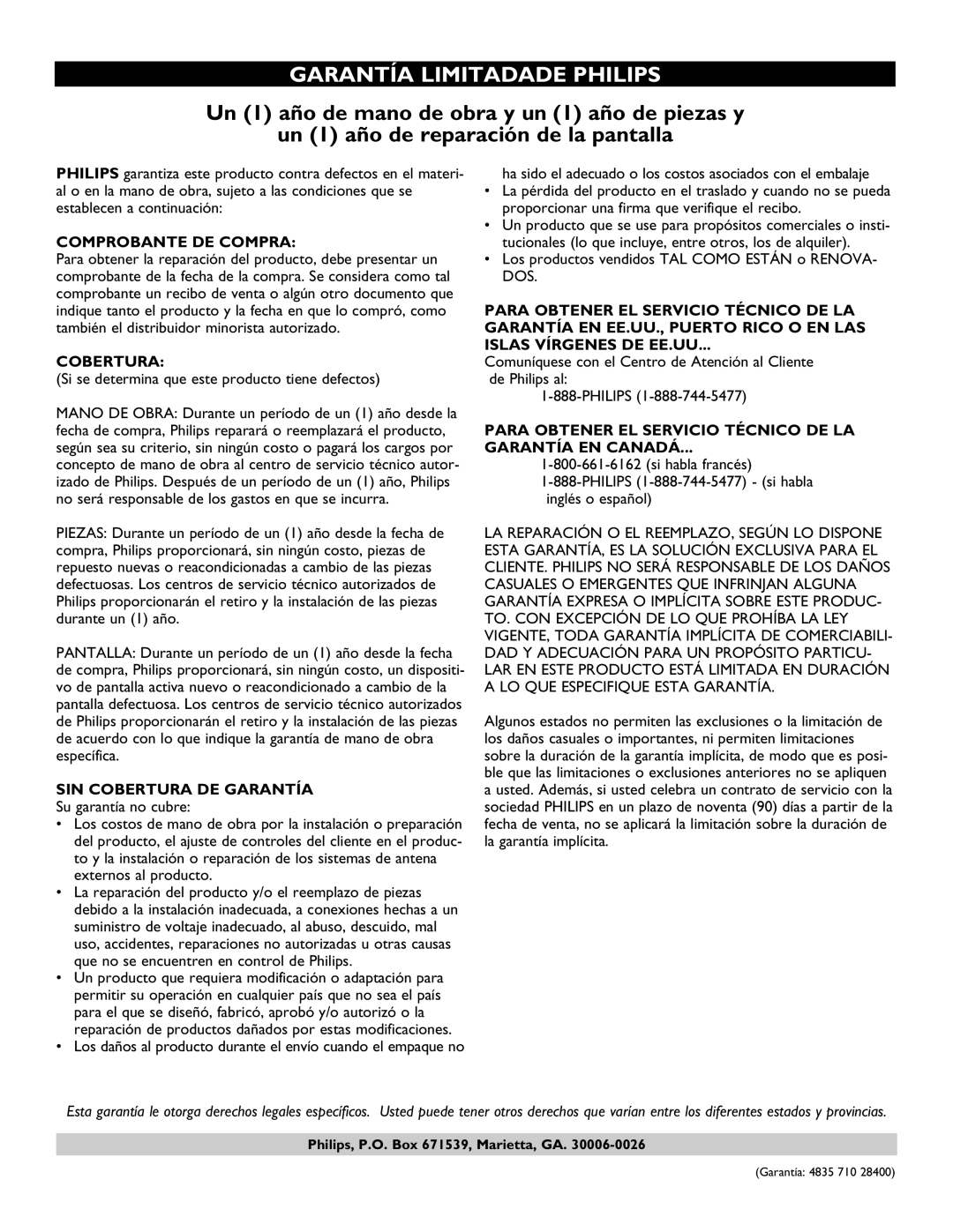 Philips 50PF7320A 50 warranty Garantía Limitadade Philips, Comprobante DE Compra, SIN Cobertura DE Garantía 