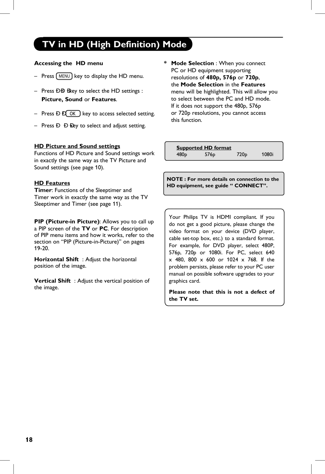 Philips 50PF7320G manual Accessing the HD menu, HD Picture and Sound settings, HD Features 