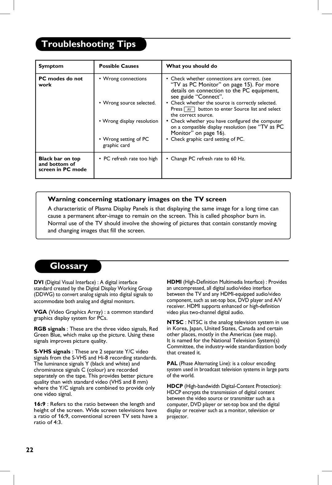 Philips 50PF7320G manual Glossary, TV as PC Monitor on page 15. For more, Details on connection to the PC equipment 