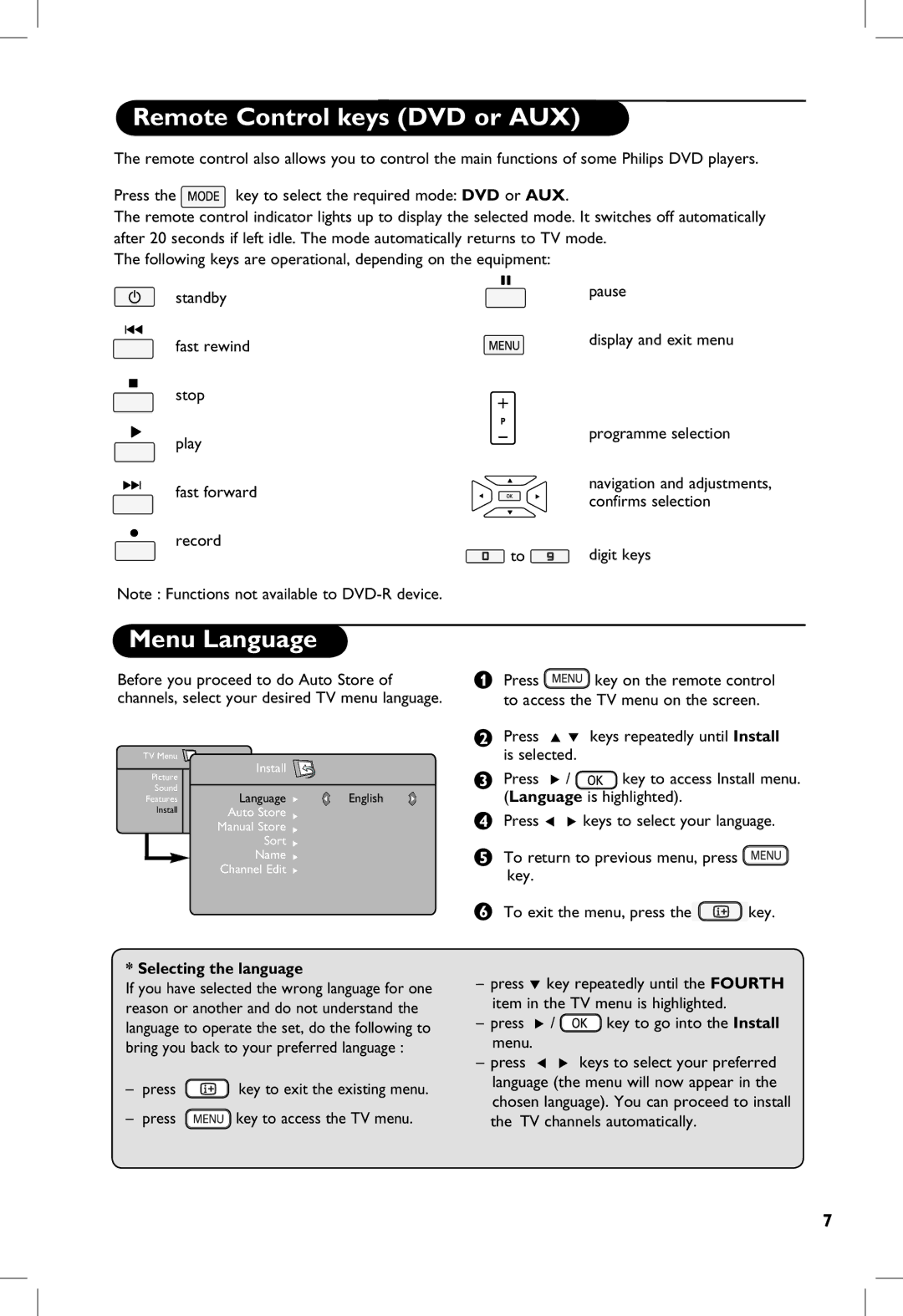 Philips 50PF7320G manual Remote Control keys DVD or AUX, Menu Language, Confirms selection, Record Digit keys 