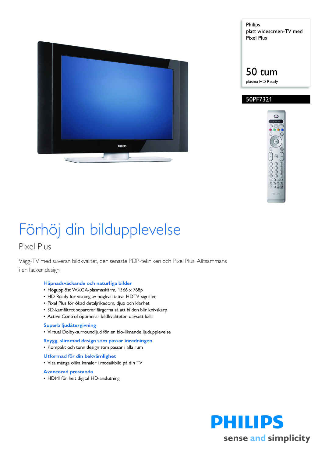 Philips 50PF7321 manual Philips platt widescreen-TVmed Pixel Plus, Häpnadsväckande och naturliga bilder, 50 tum 