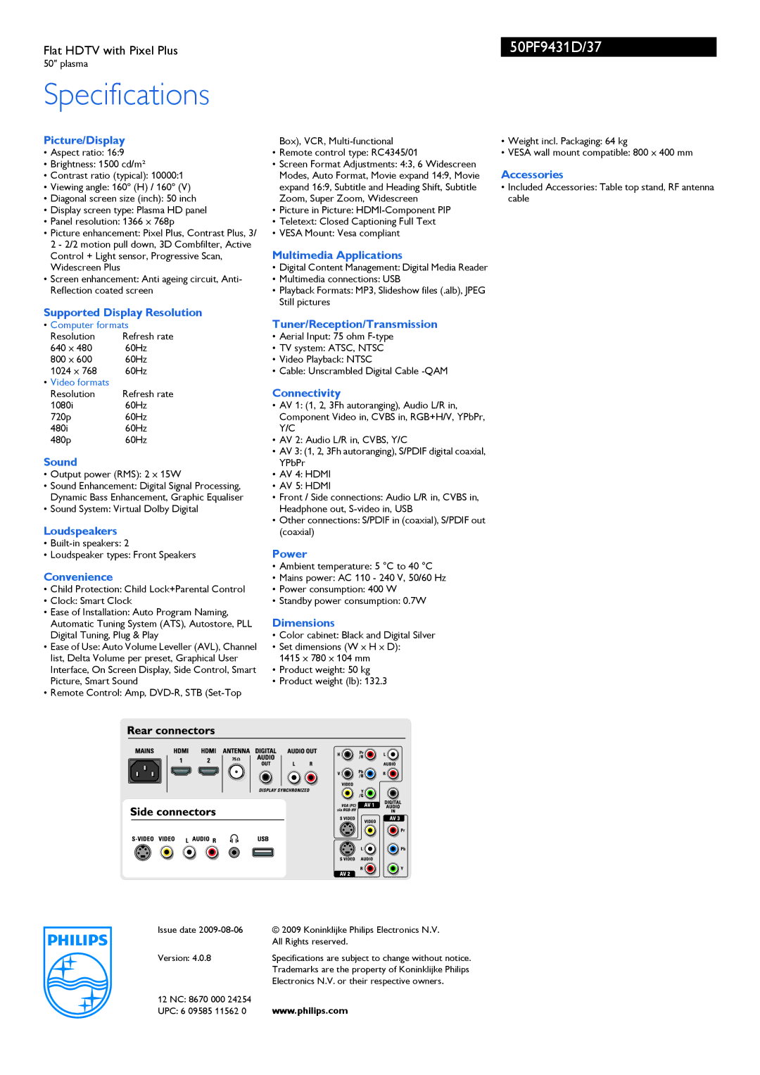 Philips 50PF9431D manual Specifications 