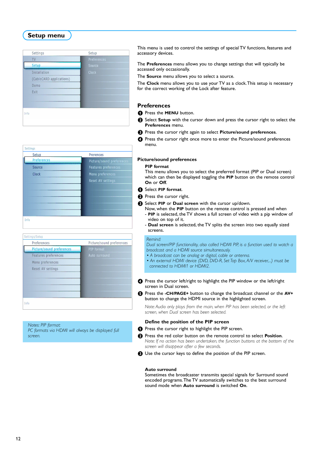 Philips 50PF9630A 50 warranty Setup menu, Preferences, Picture/sound preferences, Define the position of the PIP screen 