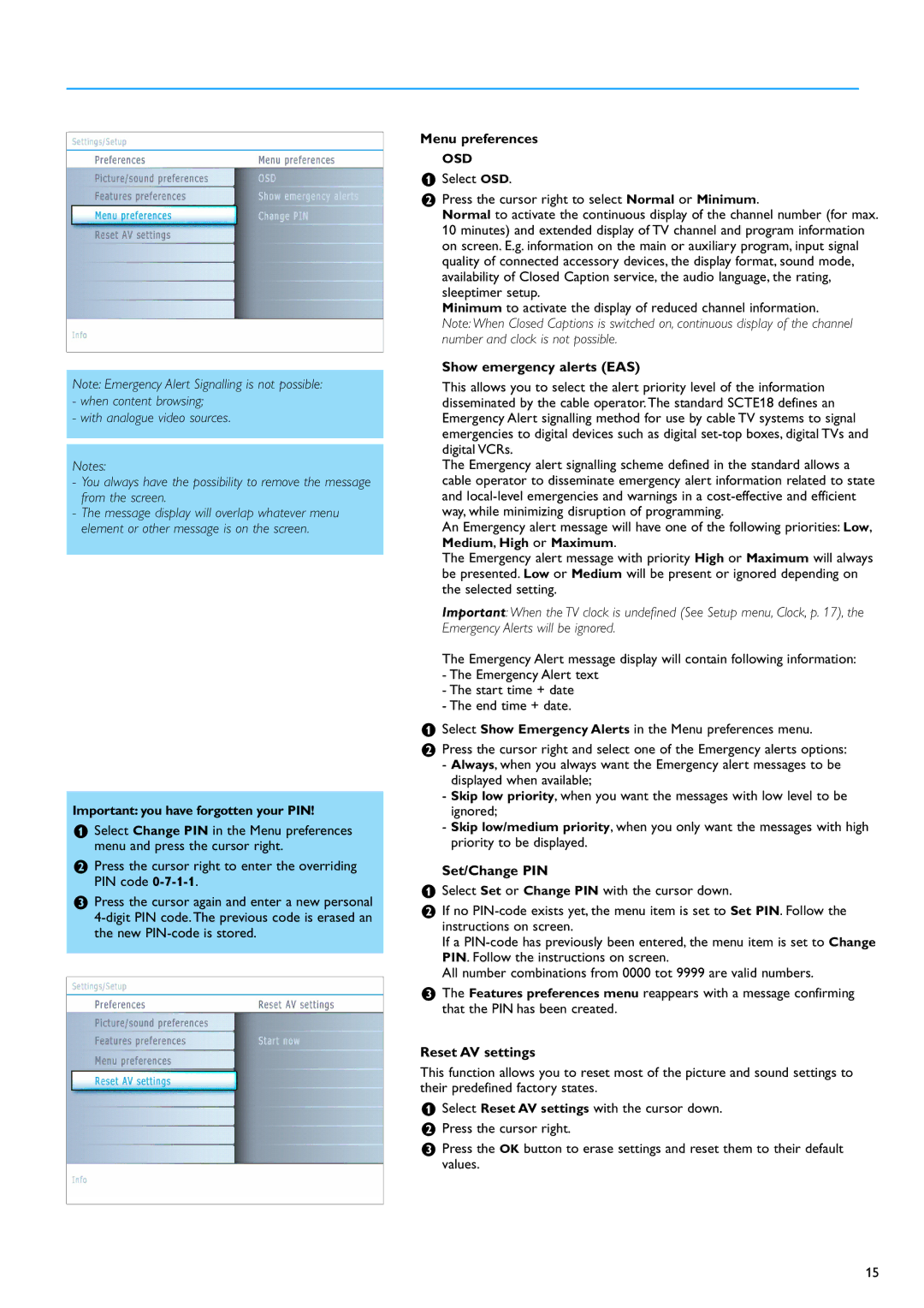 Philips 50PF9630A 50 Press the cursor right to enter the overriding PIN code, Menu preferences, Show emergency alerts EAS 