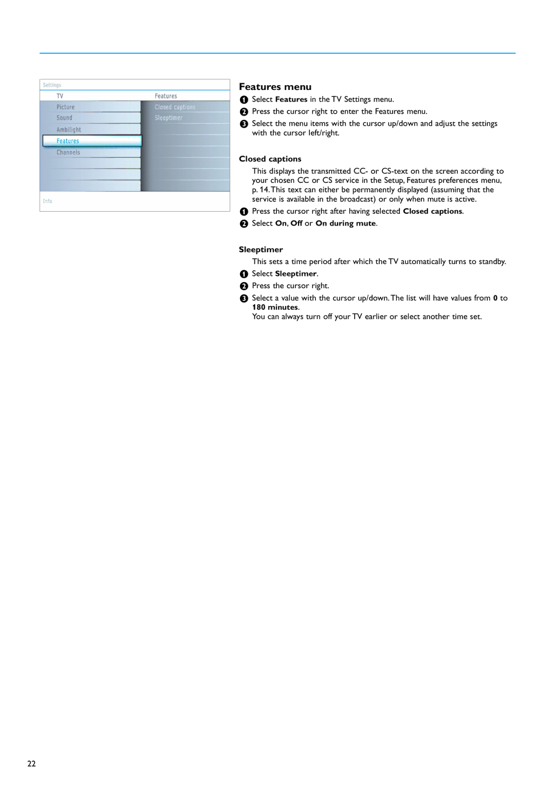 Philips 50PF9630A 50 warranty Features menu, Closed captions, Sleeptimer 