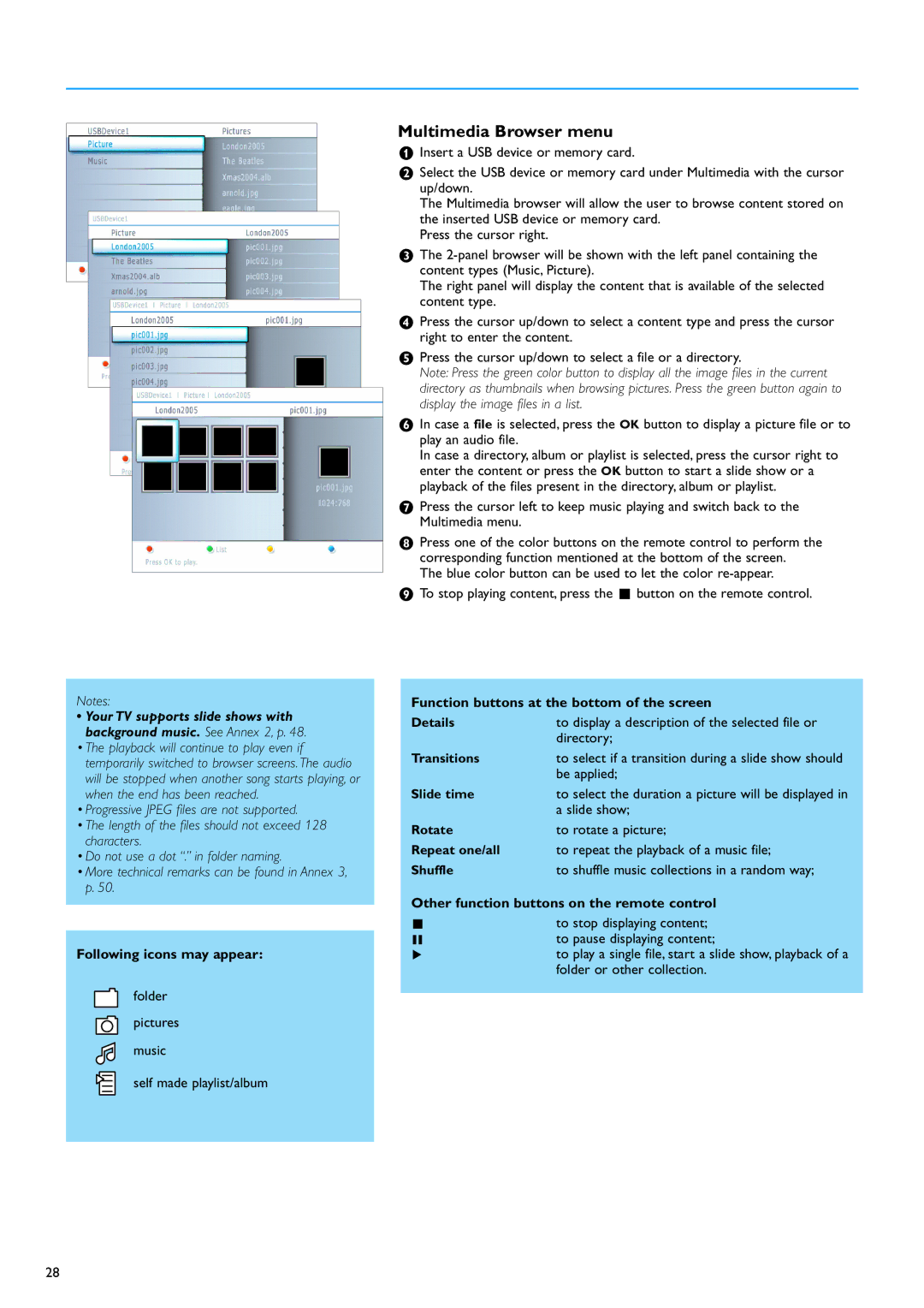 Philips 50PF9630A 50 Multimedia Browser menu, Following icons may appear, Function buttons at the bottom of the screen 