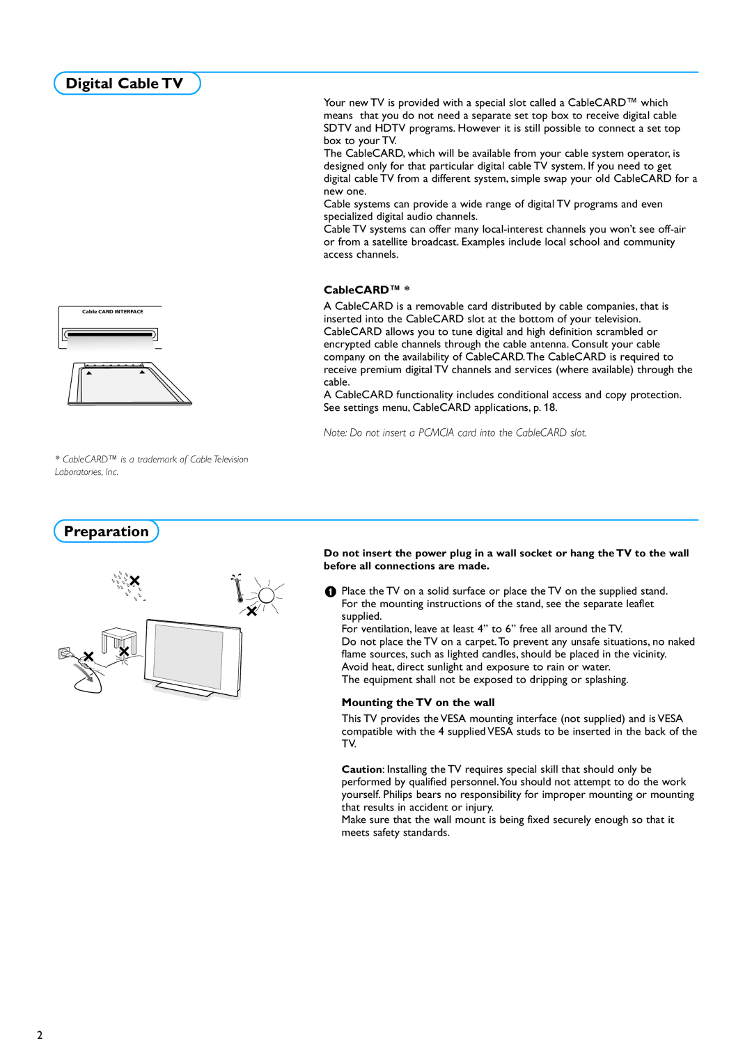 Philips 50PF9630A 50 warranty Digital Cable TV, Preparation, CableCARD, Mounting the TV on the wall 