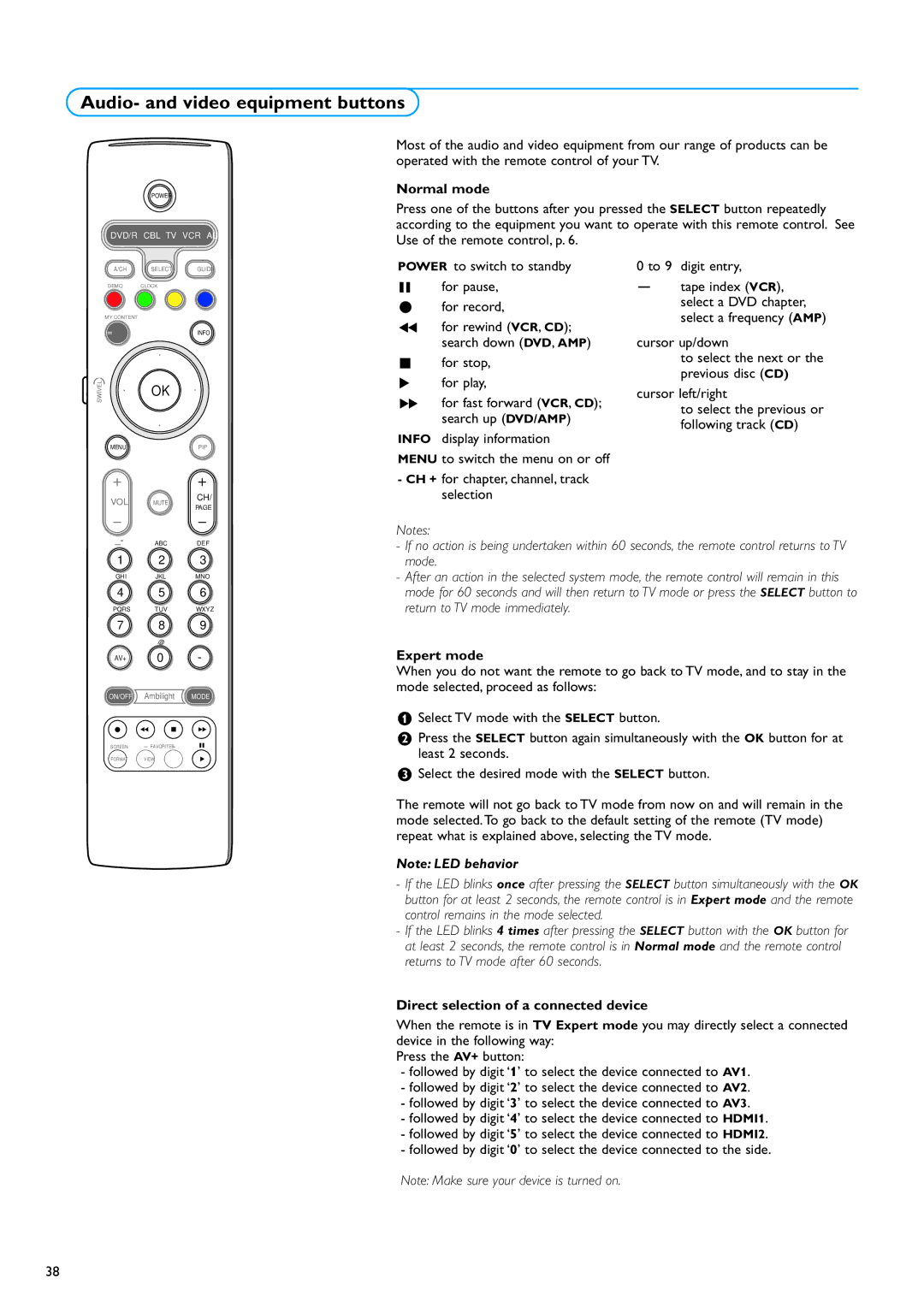 Philips 50PF9630A 50 Audio- and video equipment buttons, Normal mode, Power to switch to standby For pause For record 