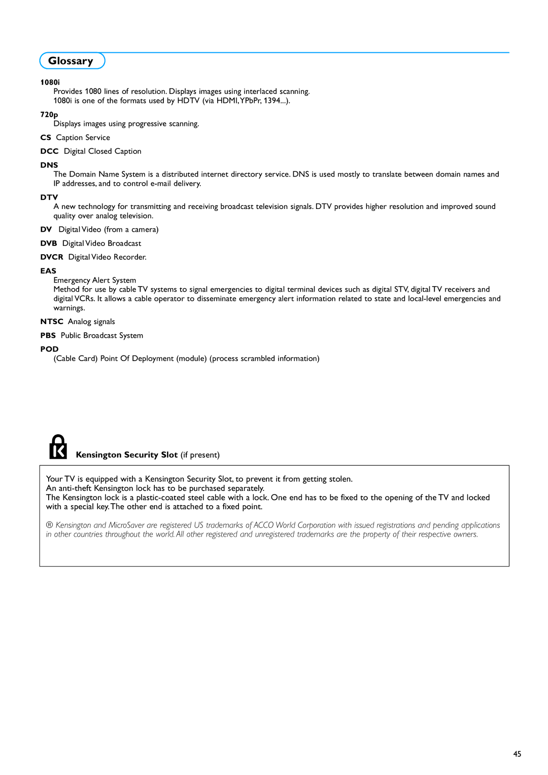 Philips 50PF9630A 50 warranty Glossary, 1080i 