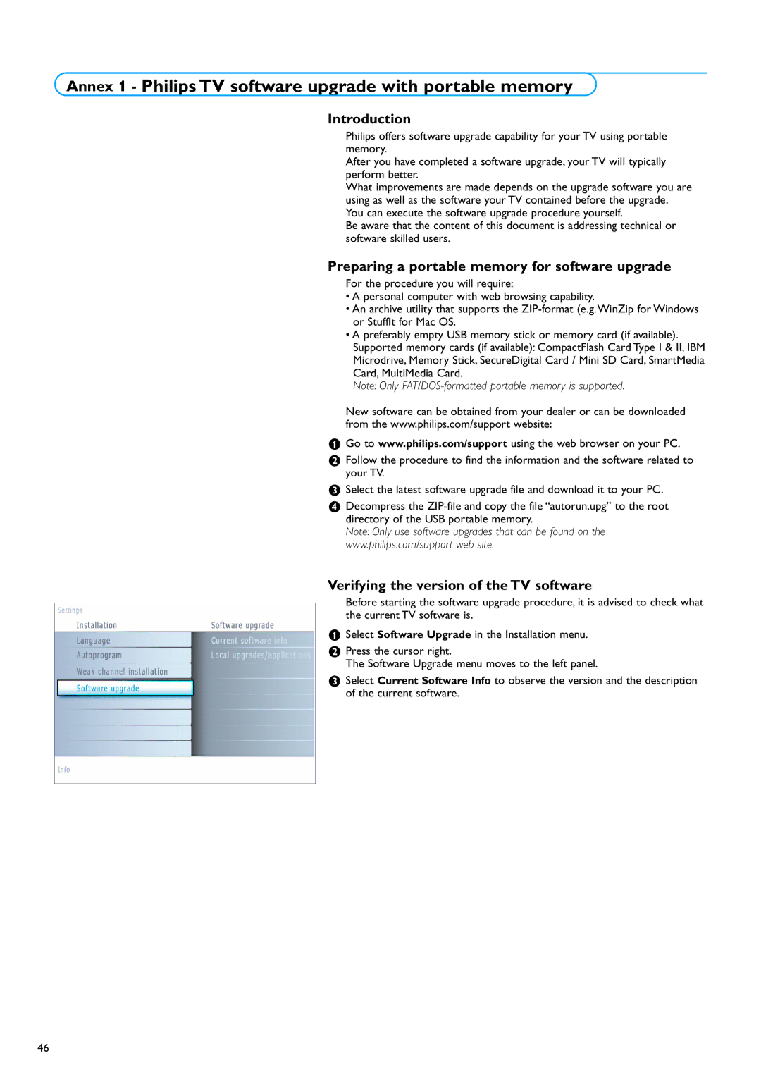 Philips 50PF9630A 50 warranty Preparing a portable memory for software upgrade, Verifying the version of the TV software 