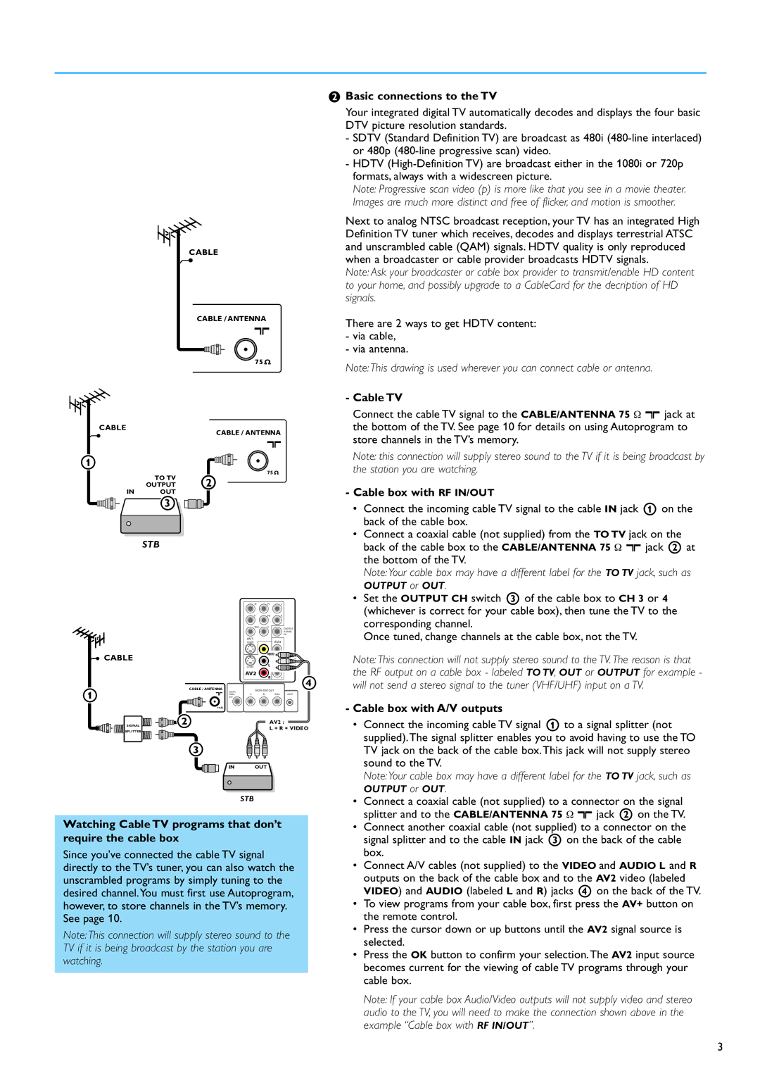 Philips 50PF9630A 50 warranty Basic connections to the TV, Cable TV, Cable box with RF IN/OUT, Cable box with A/V outputs 