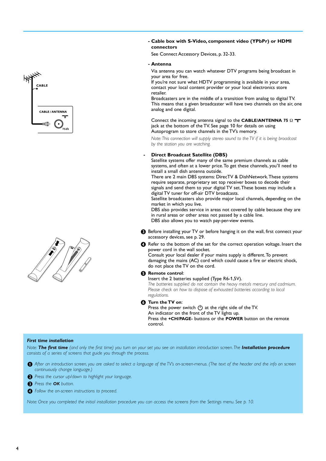 Philips 50PF9630A 50 warranty See Connect Accessory Devices, p, Antenna, Direct Broadcast Satellite DBS 