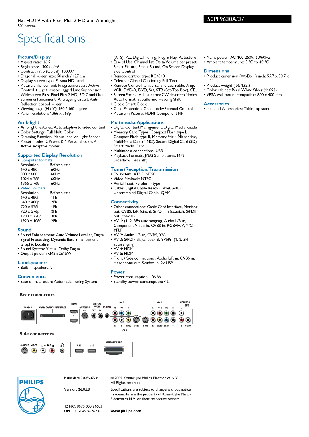 Philips 50PF9630A Picture/Display, Dimensions, Accessories, Supported Display Resolution, Sound, Loudspeakers, Convenience 