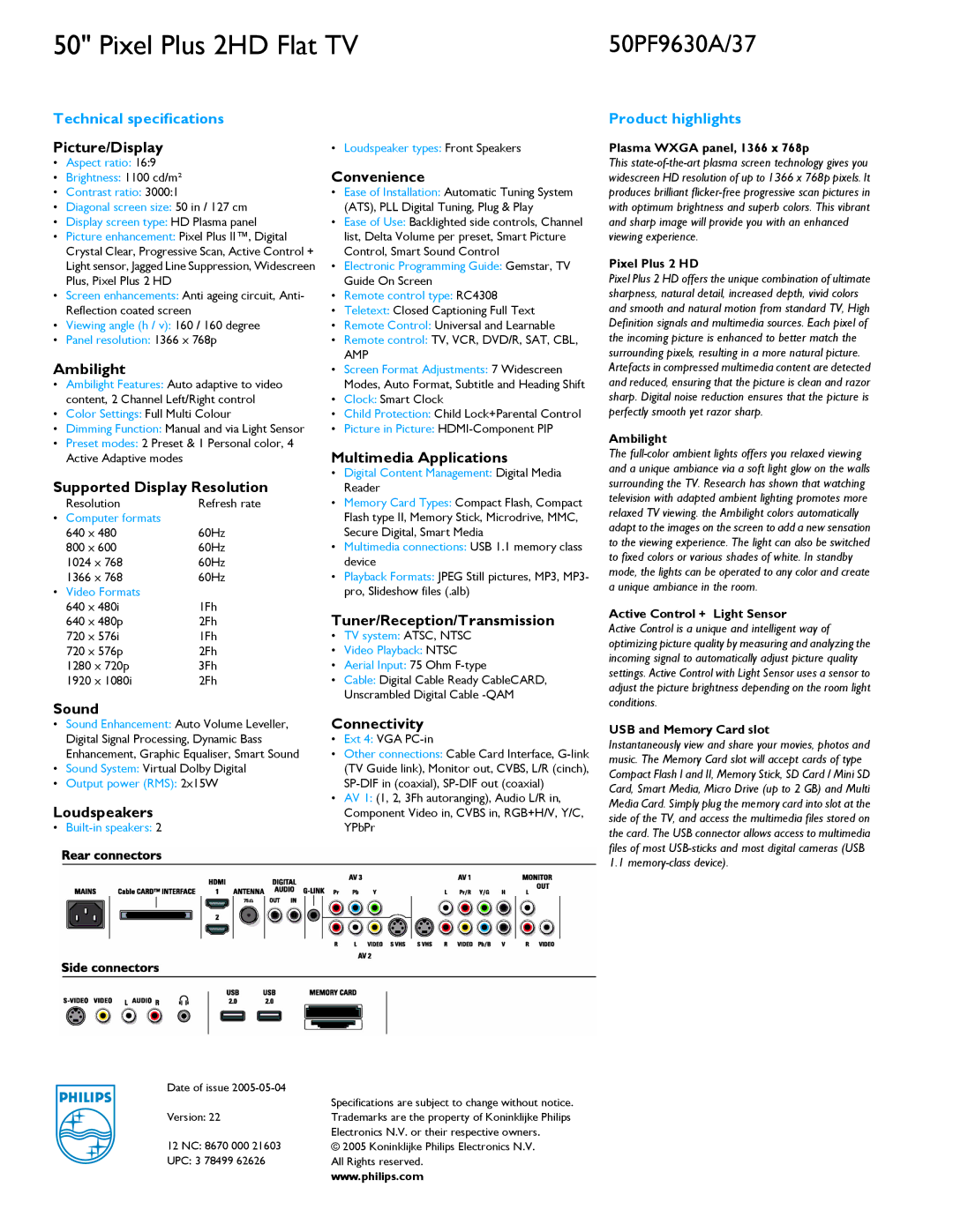 Philips 50PF9630A Picture/Display, Ambilight, Supported Display Resolution, Sound, Loudspeakers, Convenience, Connectivity 