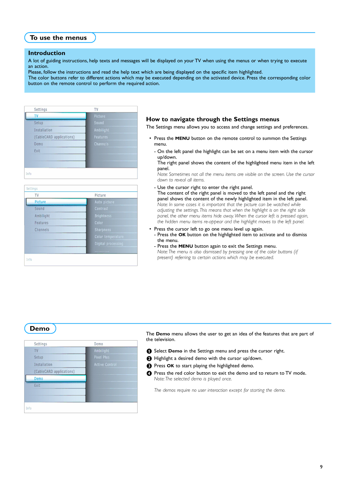 Philips 42PF9730A/37, 50PF9630A/96 warranty To use the menus, Demo, Introduction, How to navigate through the Settings menus 