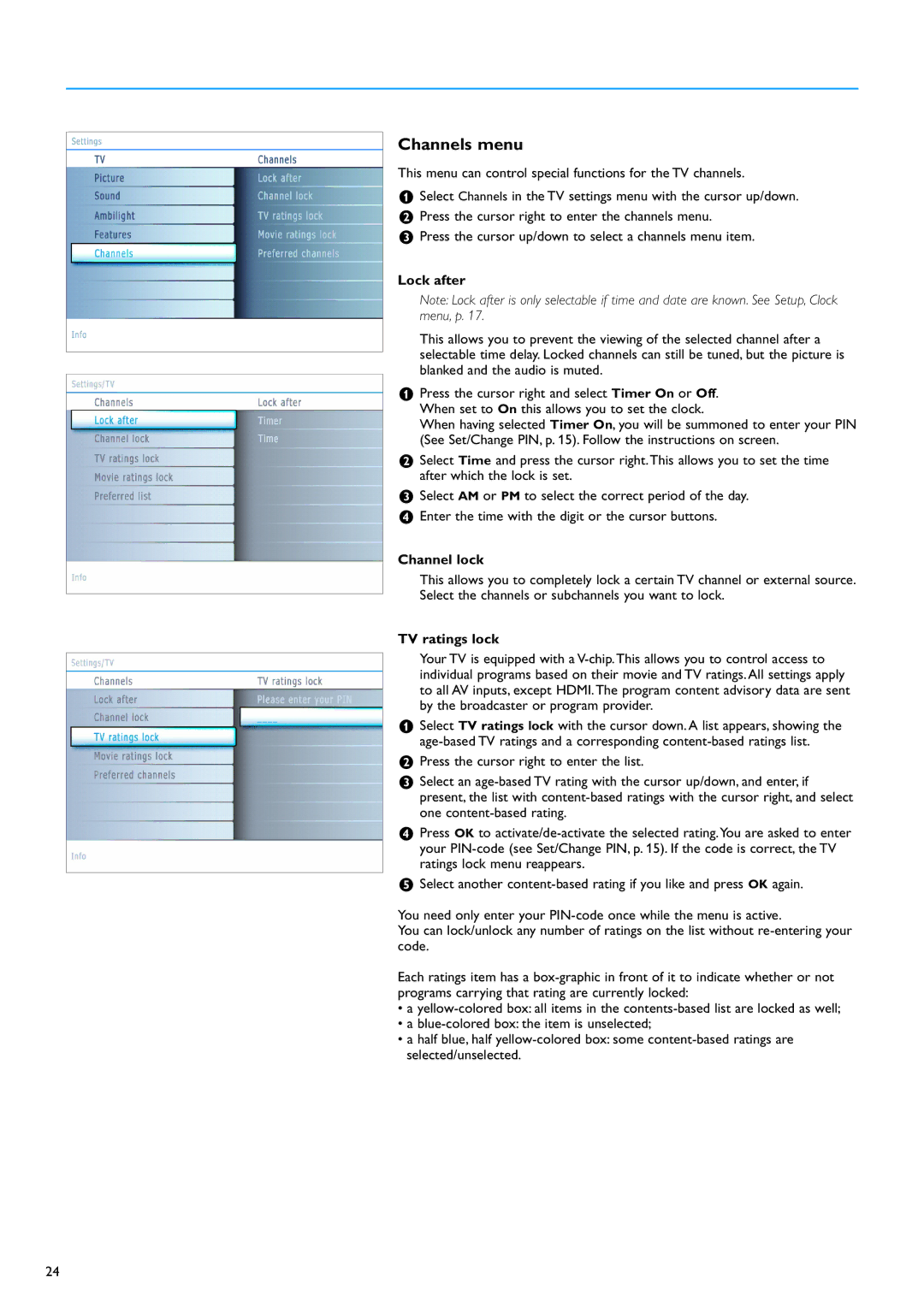 Philips 42PF9630A/96, 50PF9630A/96, 50PF9630A/37, 42PF9730A/37 Channels menu, Lock after, Channel lock, TV ratings lock 