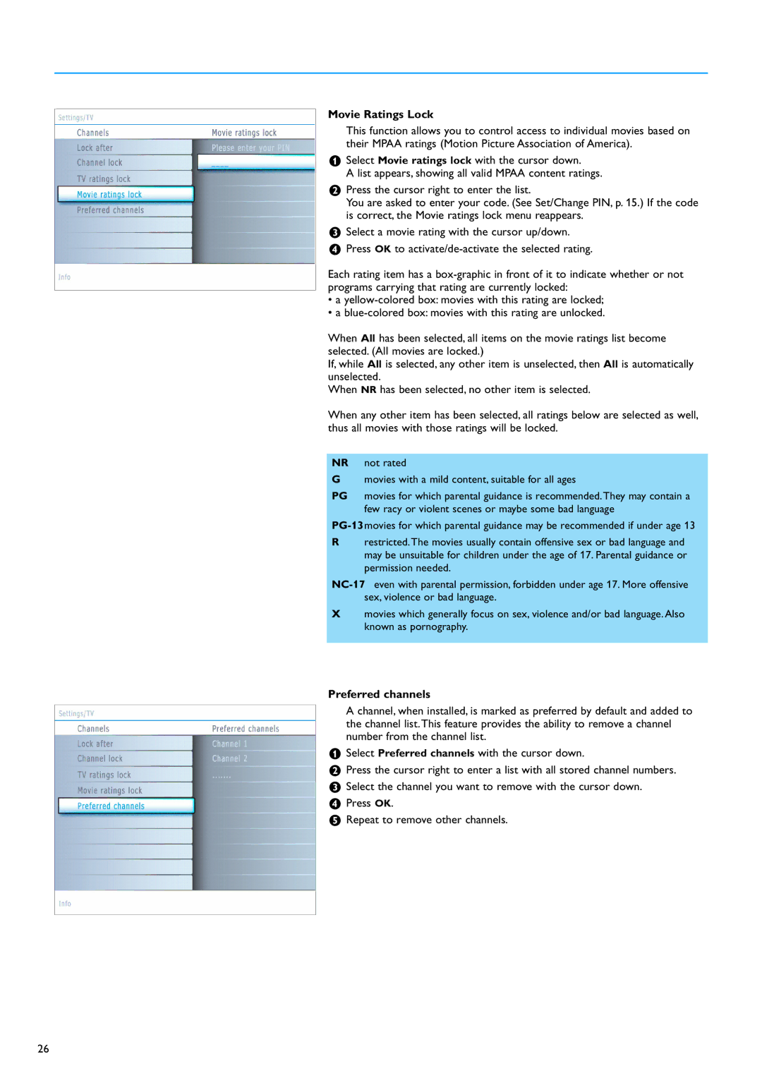 Philips 50PF9630A/96, 50PF9630A/37, 42PF9630A/96, 42PF9730A/37 warranty Movie Ratings Lock, Preferred channels 