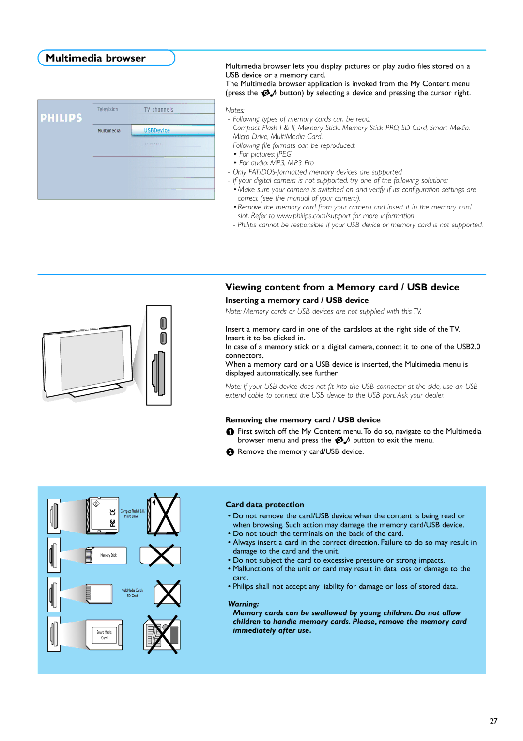 Philips 50PF9630A/37 warranty Multimedia browser, Viewing content from a Memory card / USB device, Card data protection 