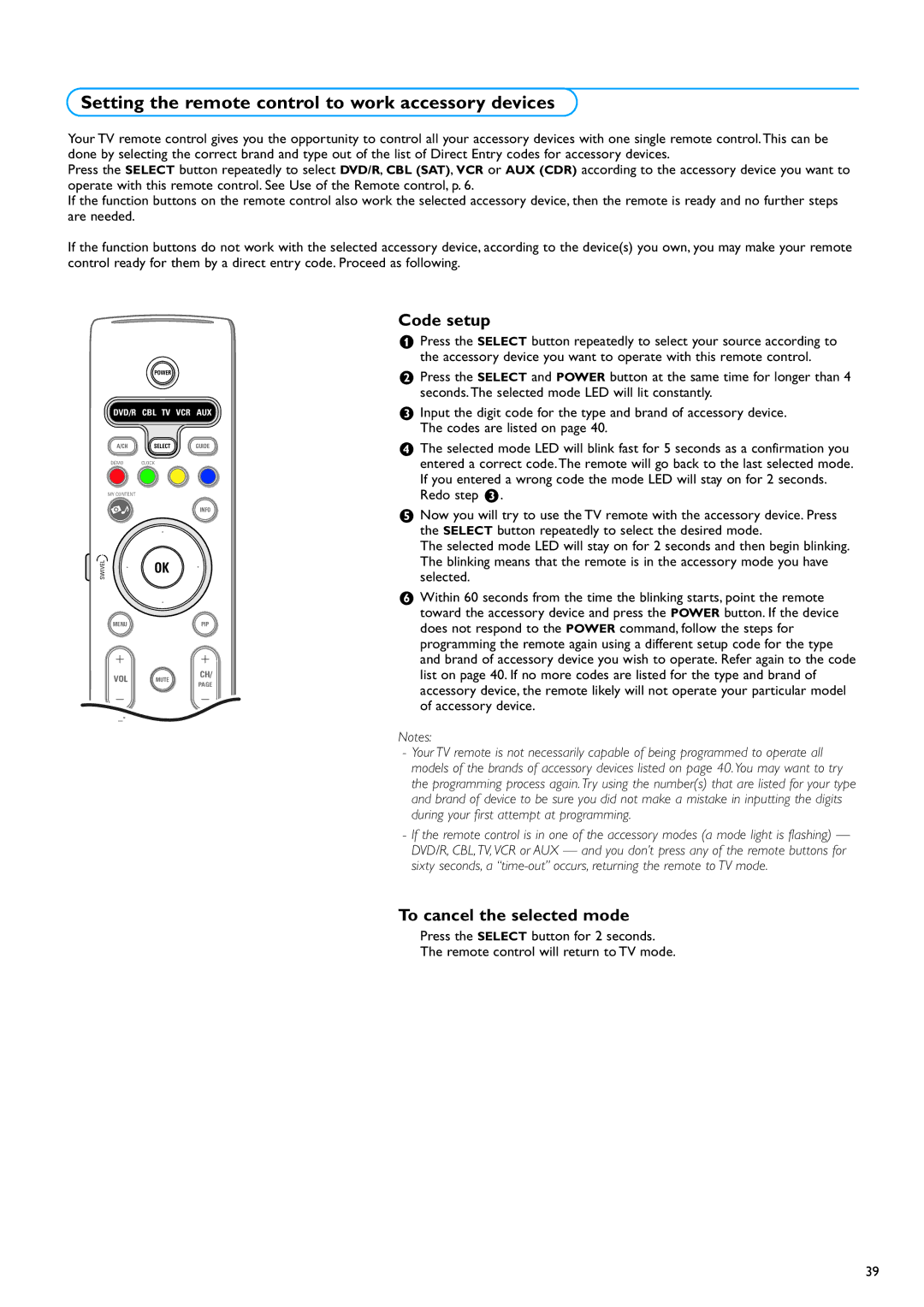 Philips 50PF9630A/37 warranty Setting the remote control to work accessory devices, Code setup, To cancel the selected mode 