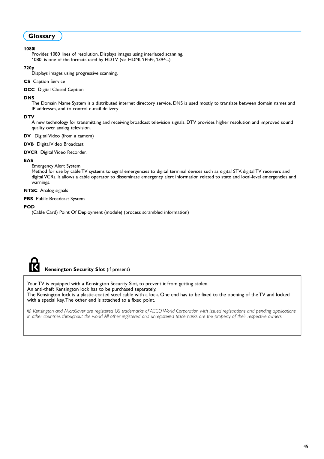 Philips 42PF9730A/37, 50PF9630A/96, 50PF9630A/37, 42PF9630A/96 warranty Glossary, 1080i 