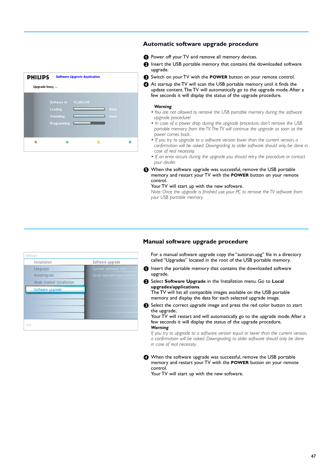 Philips 50PF9630A/37, 50PF9630A/96, 42PF9630A/96 Automatic software upgrade procedure, Manual software upgrade procedure 