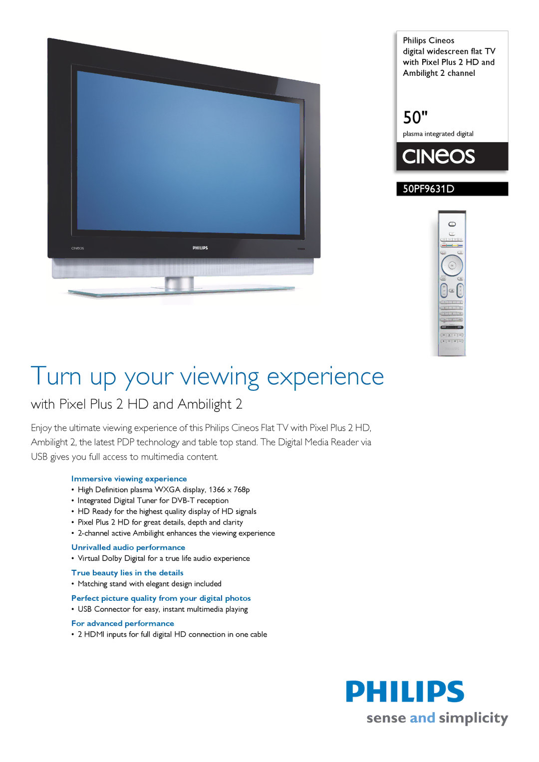 Philips 50PF9631D manual Immersive viewing experience, Unrivalled audio performance, True beauty lies in the details 