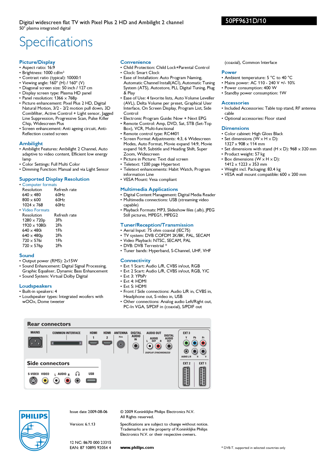 Philips 50PF9631D Picture/Display Convenience, Power, Accessories, Dimensions, Ambilight, Supported Display Resolution 