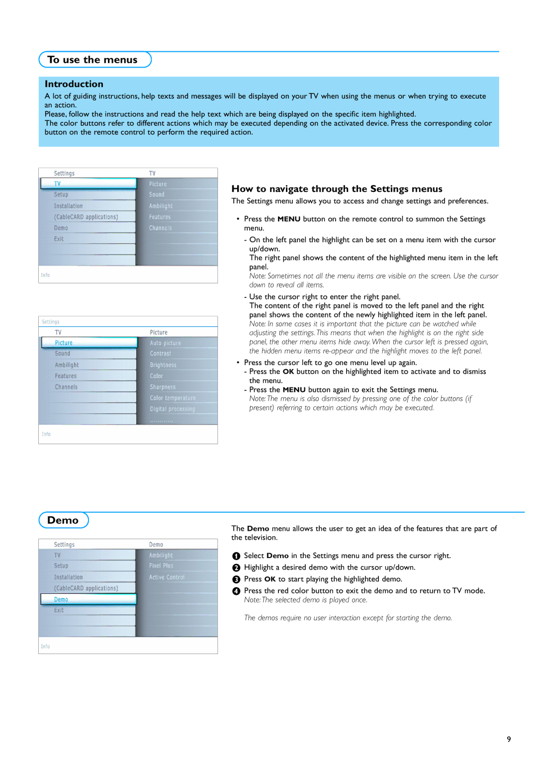 Philips 50PF9830 warranty To use the menus, Demo, Introduction, How to navigate through the Settings menus 