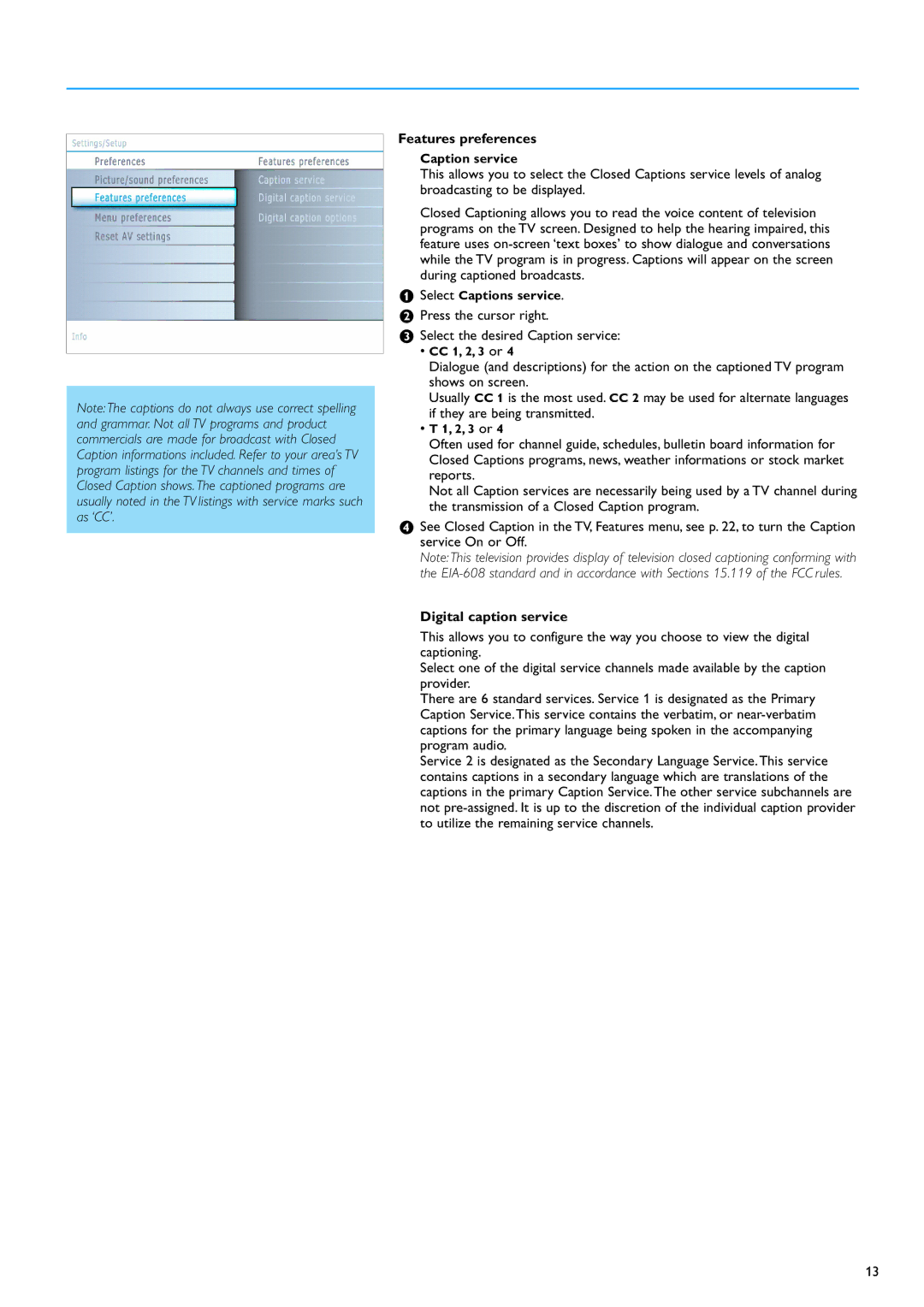 Philips 50PF9830 Features preferences, Press the cursor right Select the desired Caption service, Digital caption service 