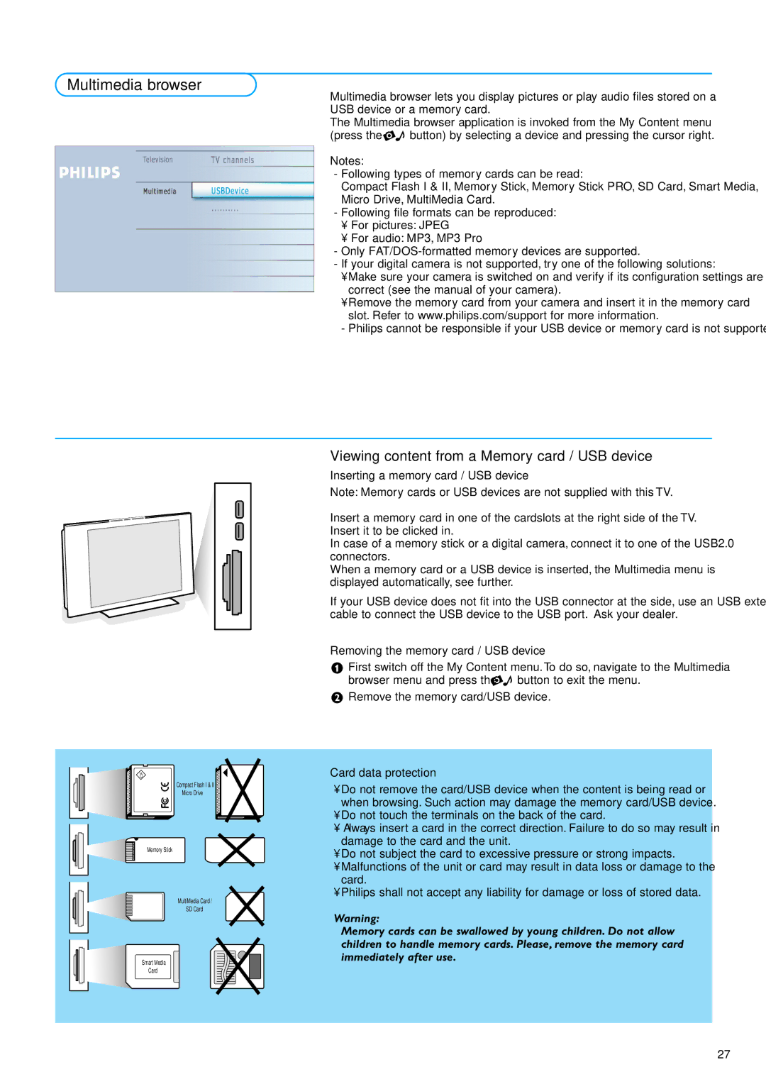 Philips 50PF9830 Multimedia browser, Viewing content from a Memory card / USB device, Inserting a memory card / USB device 