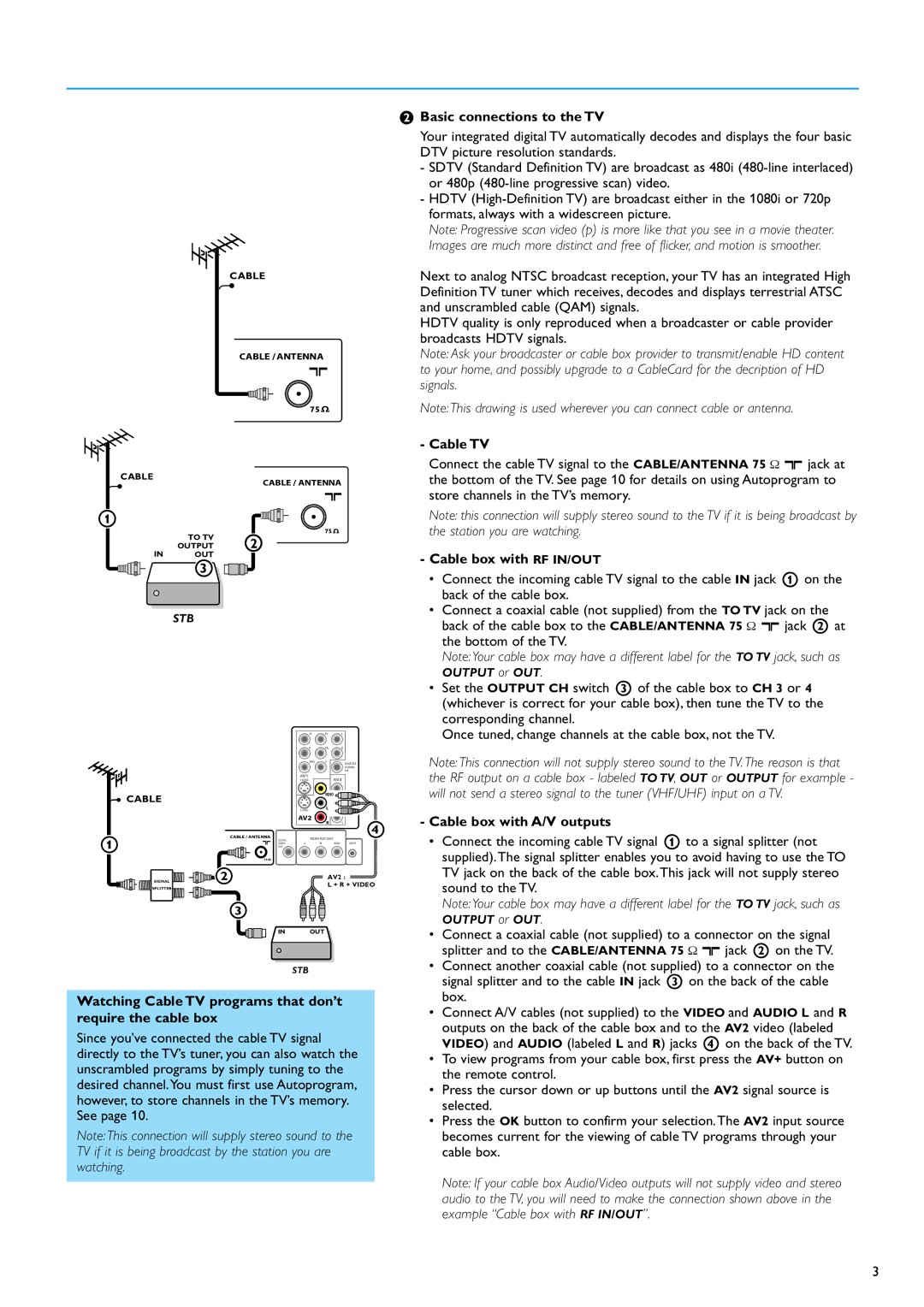 Philips 50PF9830 warranty Basic connections to the TV, Cable TV, Cable box with RF IN/OUT, Cable box with A/V outputs 