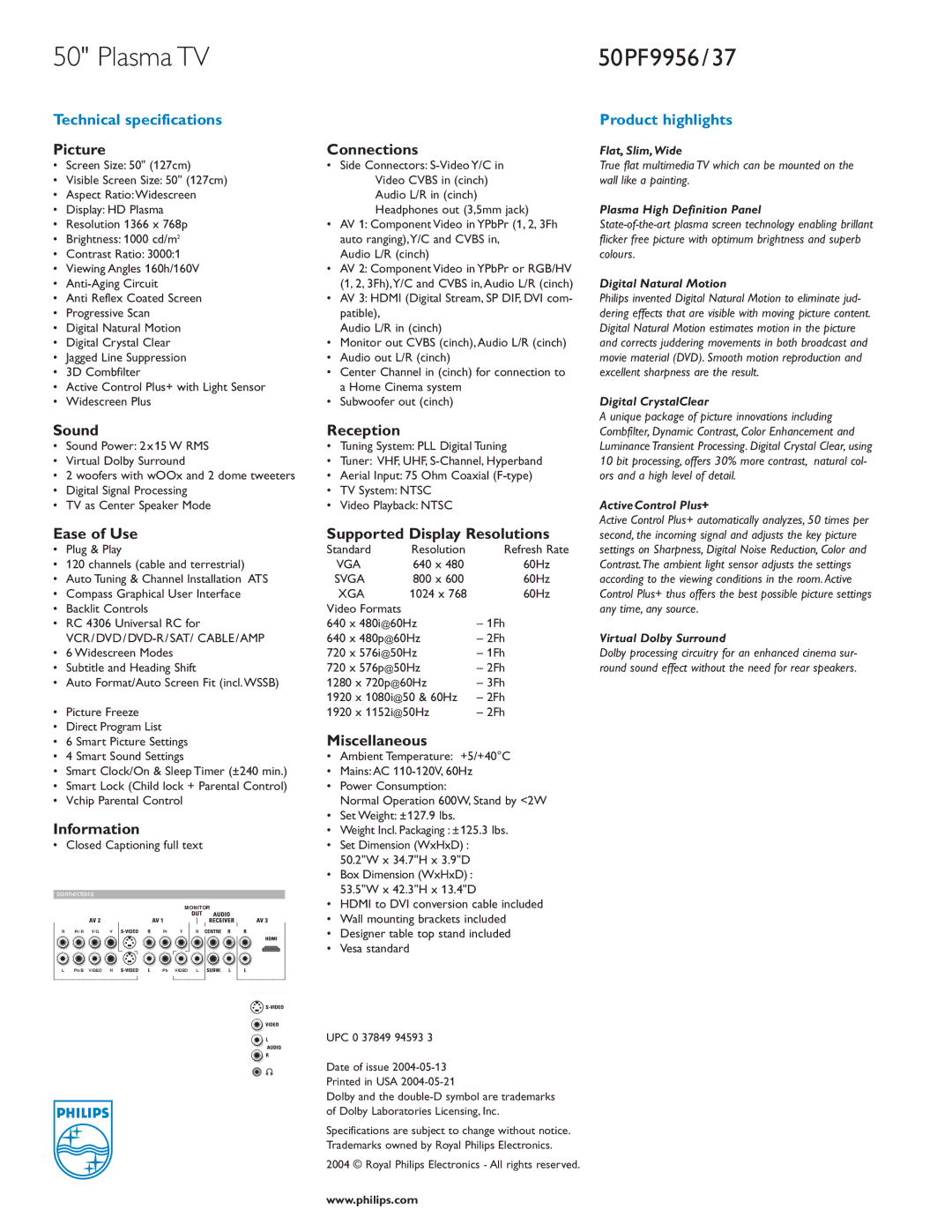 Philips 50PF9956/37 manual Picture Connections, Sound Reception, Ease of Use Supported Display Resolutions, Miscellaneous 