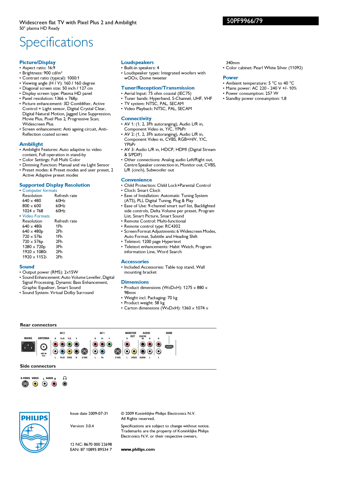 Philips 50PF9966/79 Picture/Display Loudspeakers, Power, Tuner/Reception/Transmission, Connectivity, Accessories Sound 