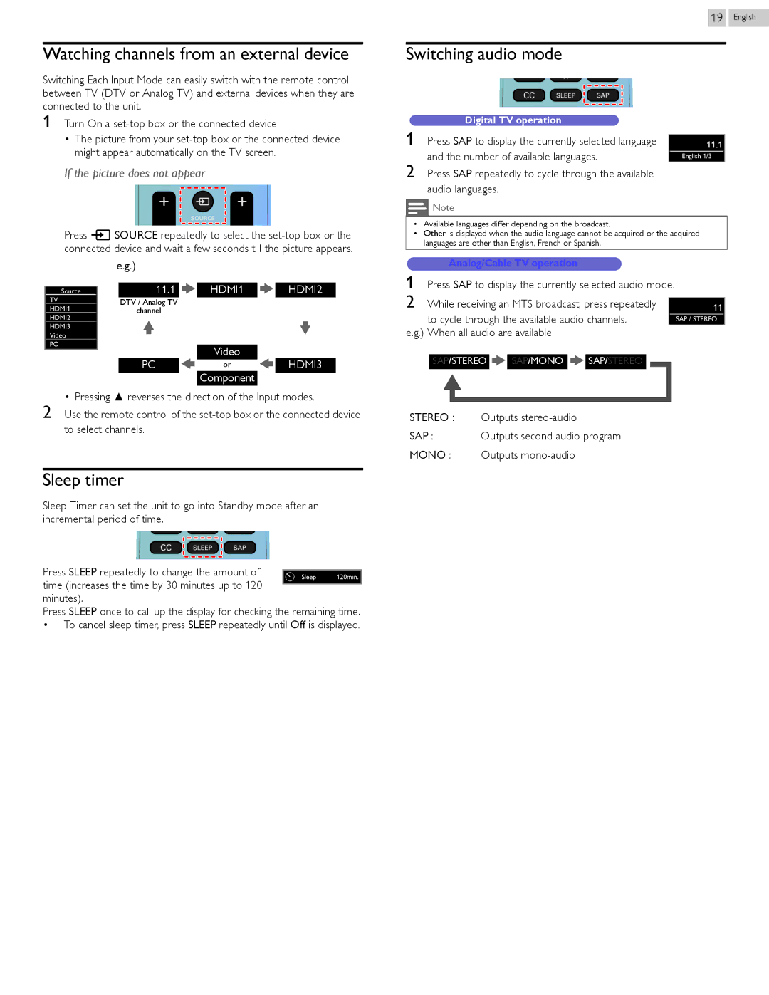 Philips 46PFL3708, 50PFL3708, 24PFL4508, 29PFL4508, 32PFL4508, 40PFL4708 Switching audio mode, Sleep timer, To select channels 