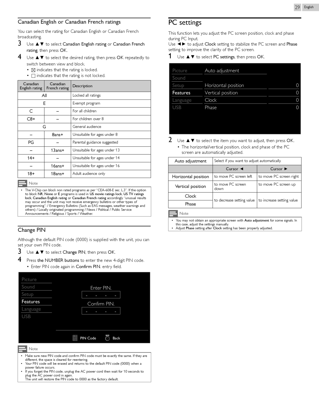 Philips 24PFL4508, 50PFL3708, 46PFL3708, 29PFL4508 PC settings, Canadian English or Canadian French ratings, Change PIN 