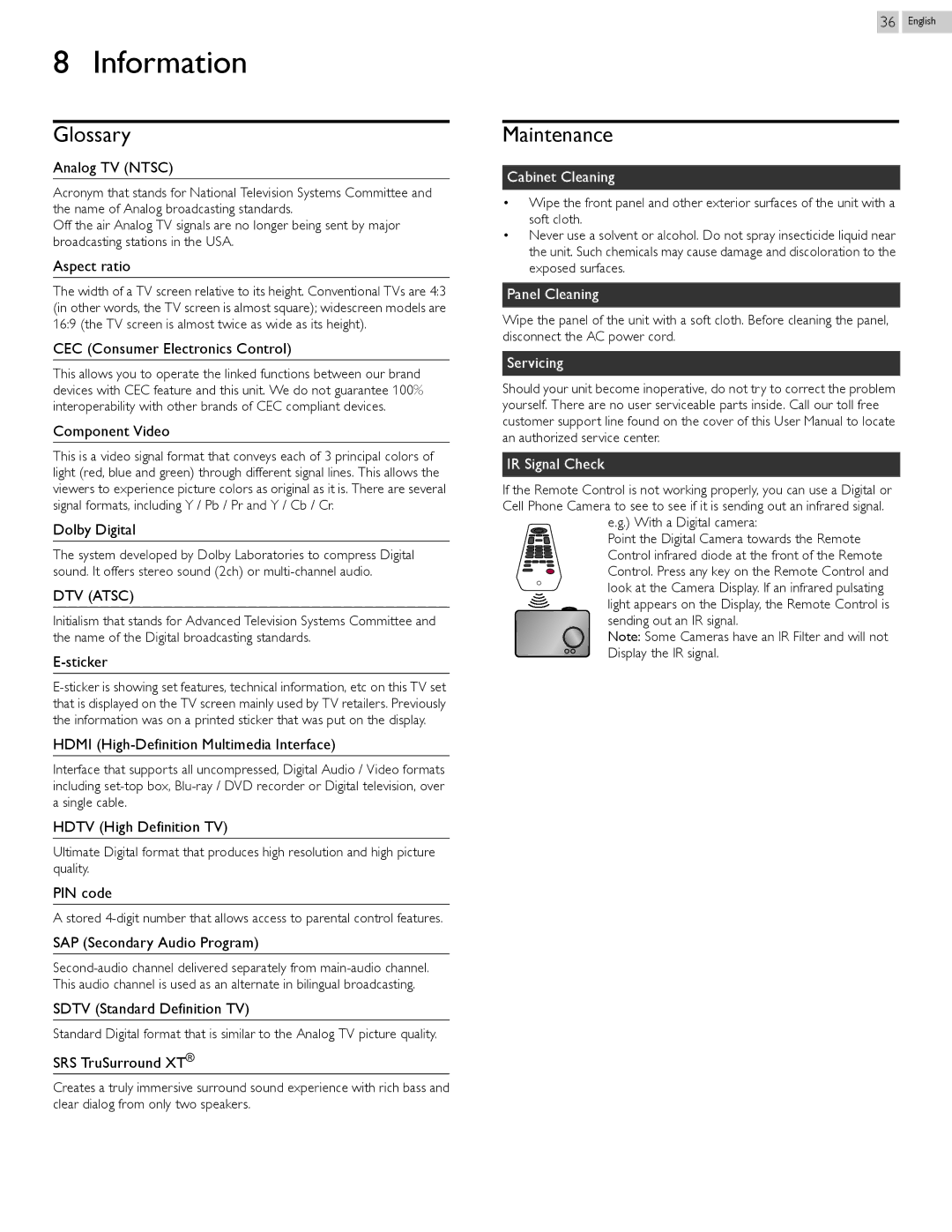 Philips 50PFL3708, 46PFL3708, 24PFL4508, 29PFL4508, 32PFL4508, 40PFL4708, 40PFL1708 Information, Glossary, Maintenance 