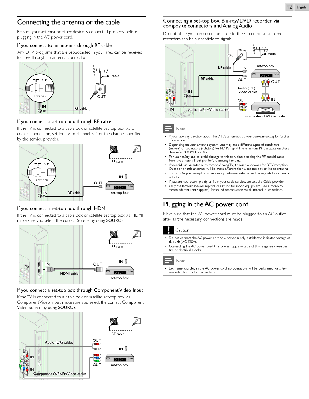 Philips 50PFL3807 user manual Connecting the antenna or the cable, Plugging in the AC power cord 