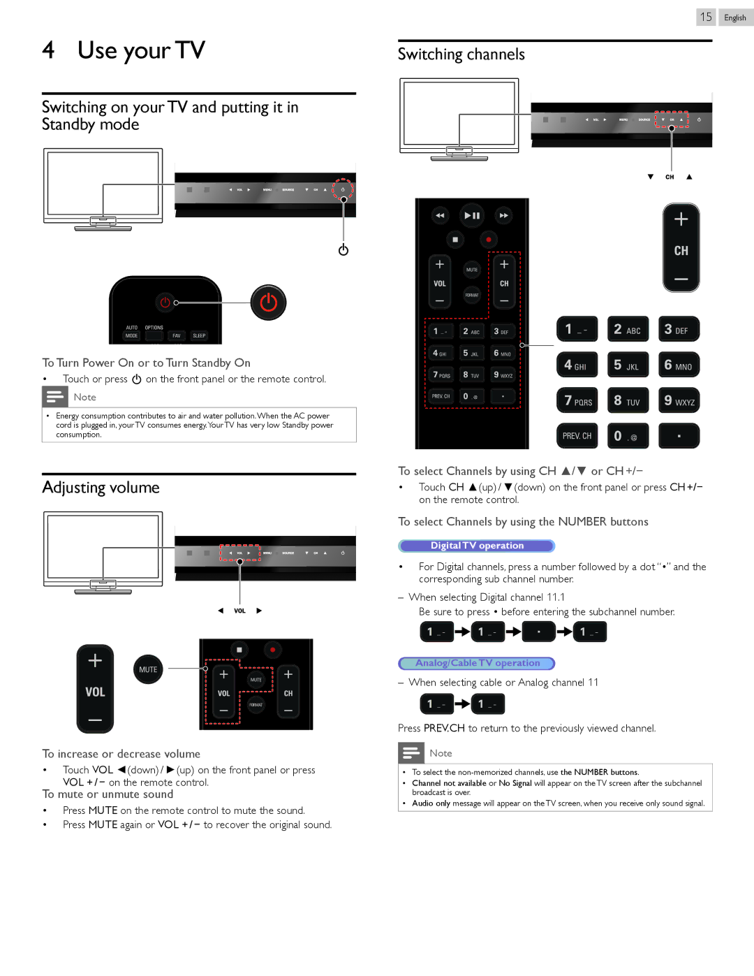 Philips 50PFL3807 Use your TV, Switching on your TV and putting it in Standby mode, Adjusting volume, Switching channels 