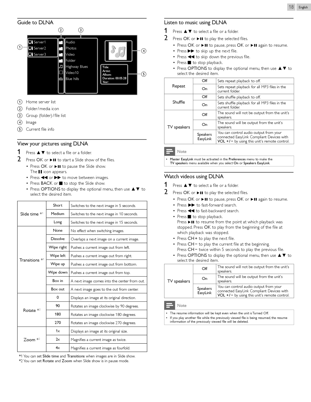 Philips 50PFL3807 Guide to Dlna, View your pictures using Dlna, Listen to music using Dlna, Watch videos using Dlna 