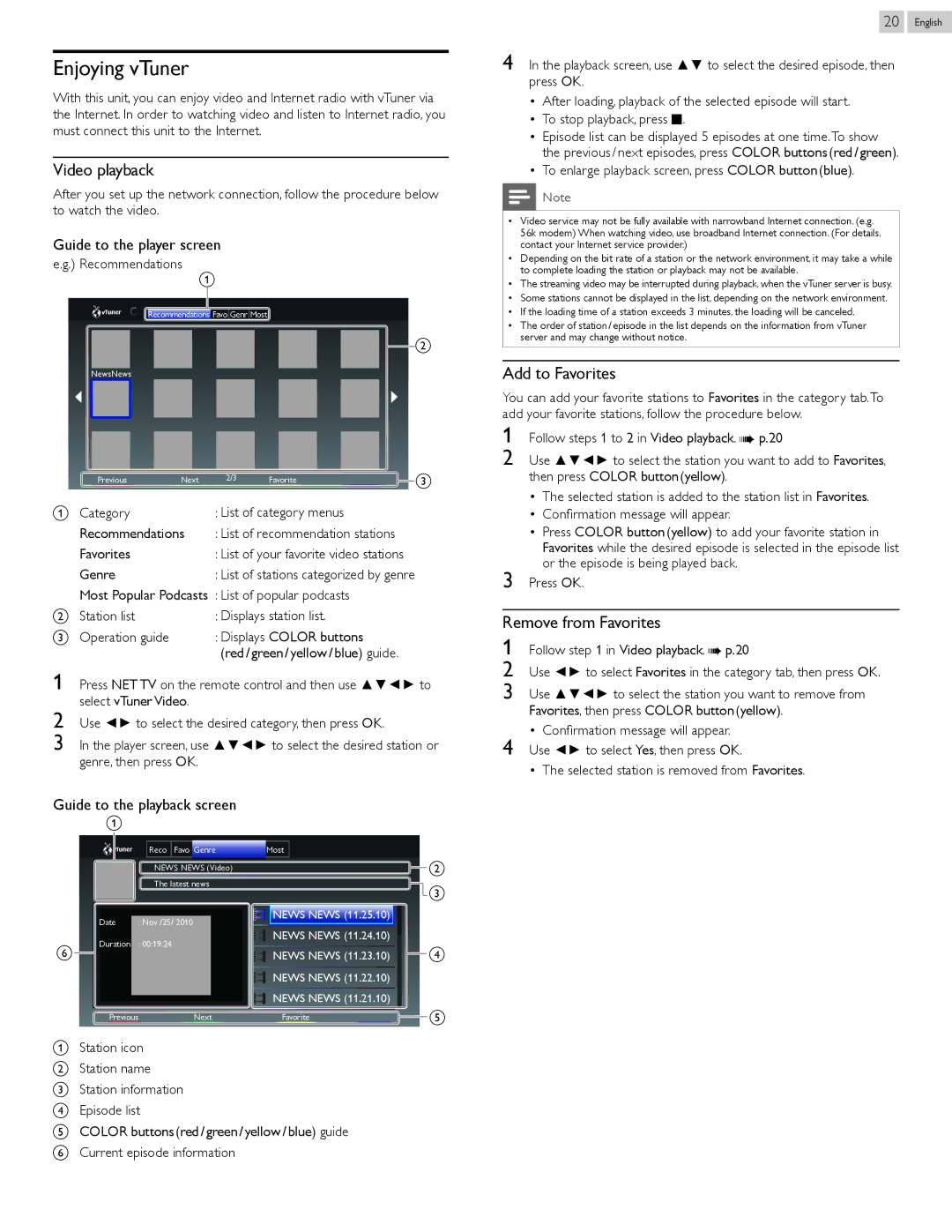 Philips 50PFL3807 Enjoying vTuner, Video playback, Add to Favorites, Remove from Favorites, Guide to the player screen 