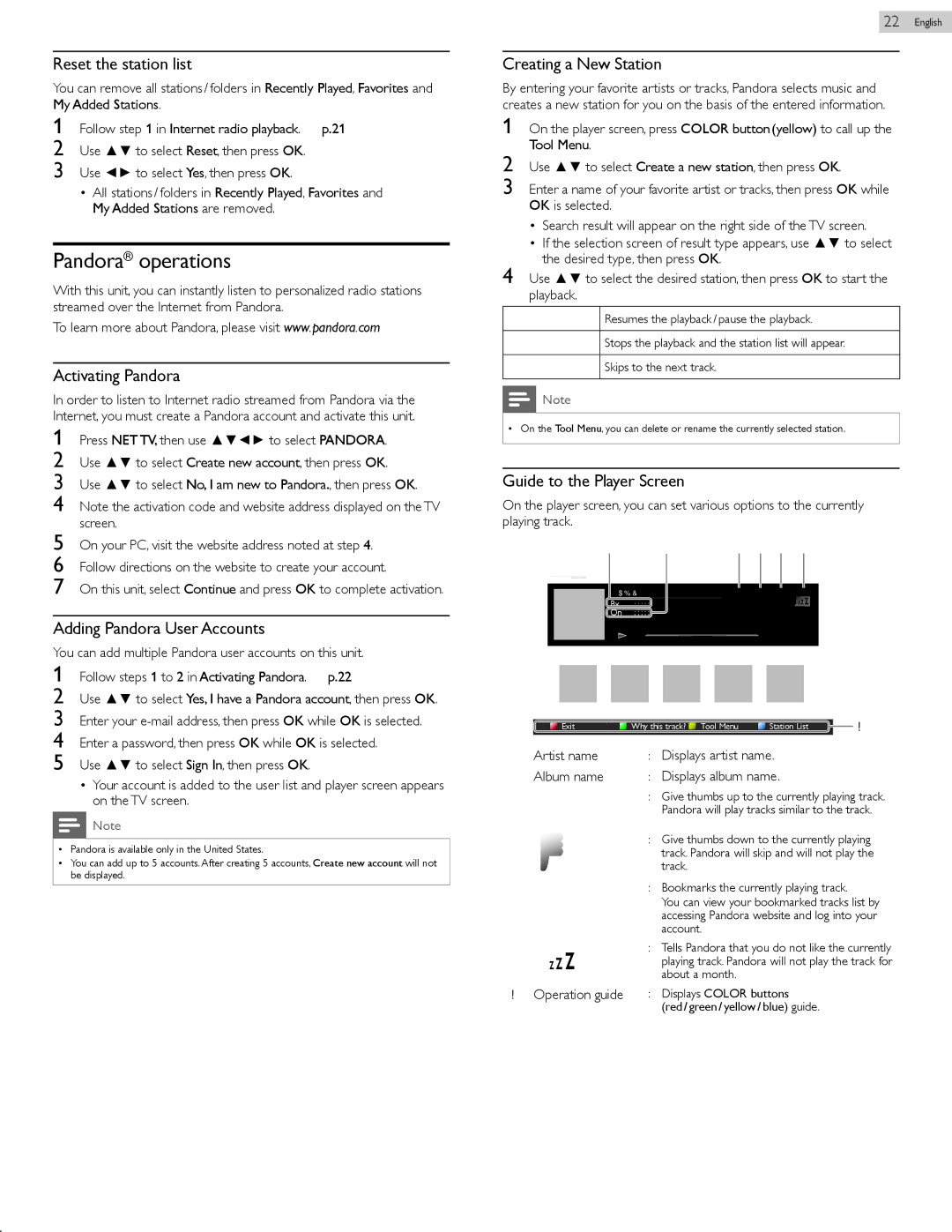 Philips 50PFL3807 user manual Pandora operations 