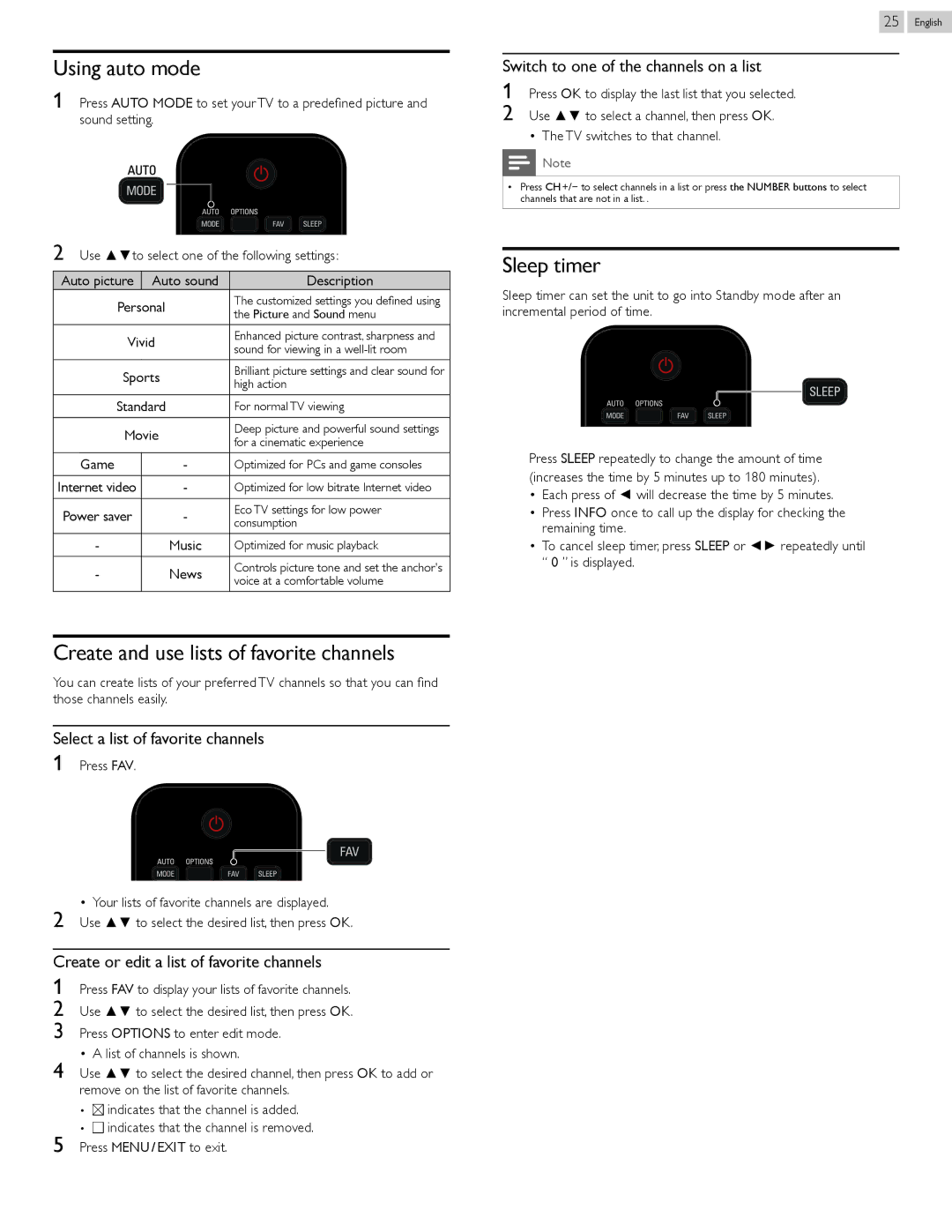 Philips 50PFL3807 user manual Using auto mode, Create and use lists of favorite channels, Sleep timer 