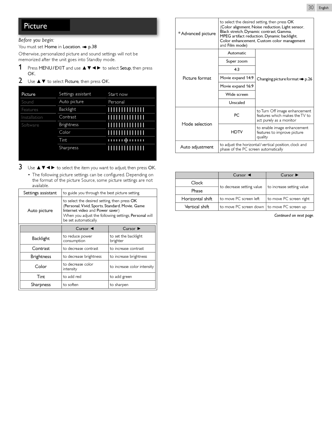 Philips 50PFL3807 You must set Home in Location. p, Picture Settings assistant Start now, Auto picture Personal, Tint 