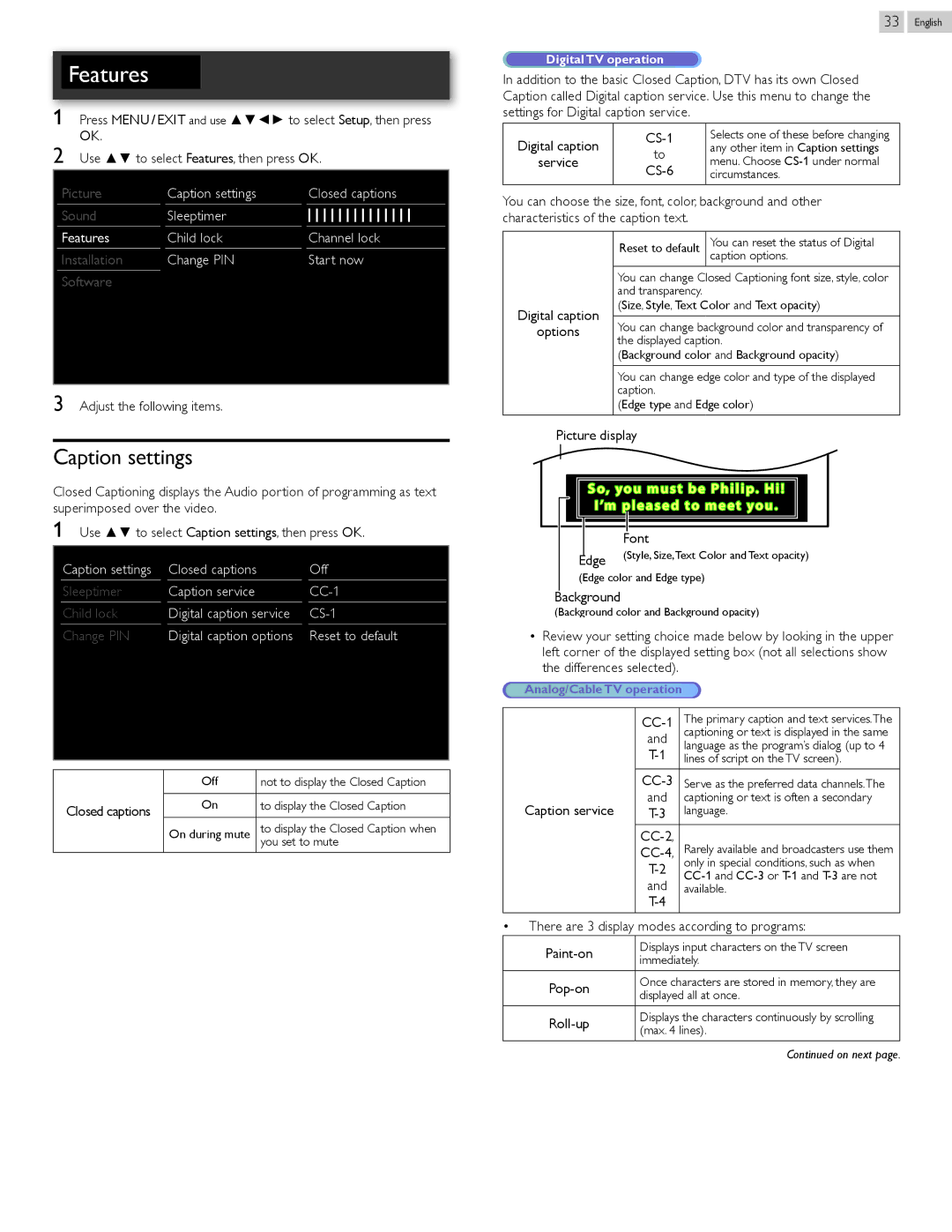 Philips 50PFL3807 user manual Caption settings 