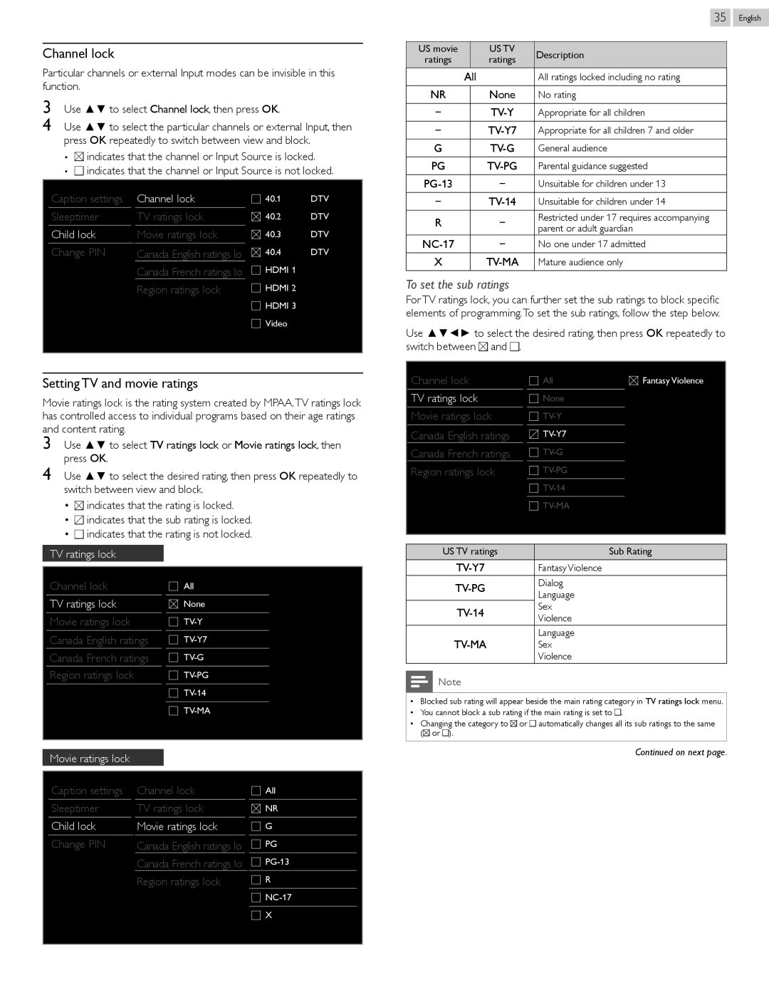 Philips 50PFL3807 user manual Channel lock, Setting TV and movie ratings, Child lock Movie ratings lock, Tv-Ma 