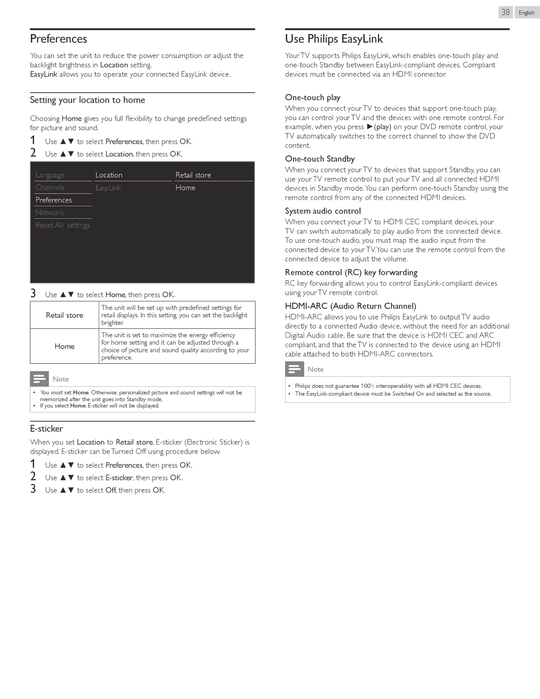 Philips 50PFL3807 user manual Preferences, Use Philips EasyLink, Setting your location to home, Sticker 