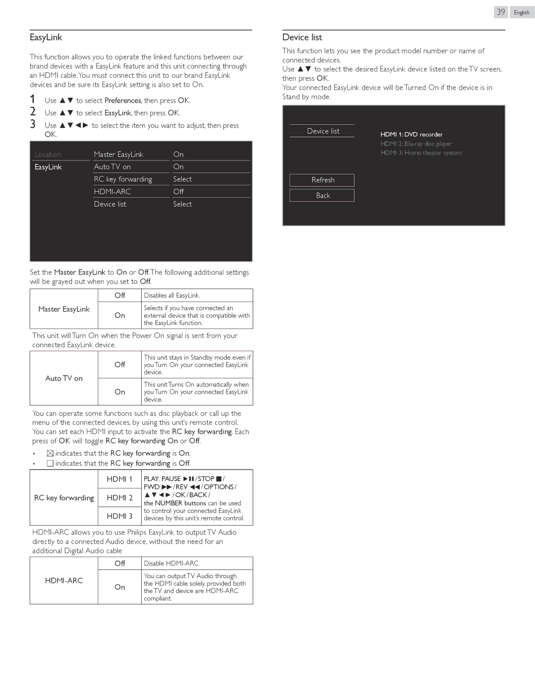 Philips 50PFL3807 user manual EasyLink, Device list, Hdmi-Arc 